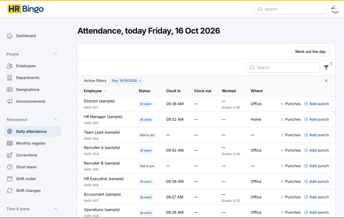 Daily attendance screen in HR Bingo showing clock-in times, late marks and work location