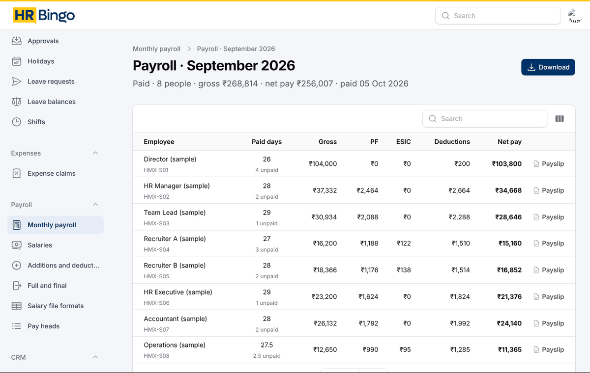 Monthly payroll in HR Bingo with gross, deductions and net pay for each employee